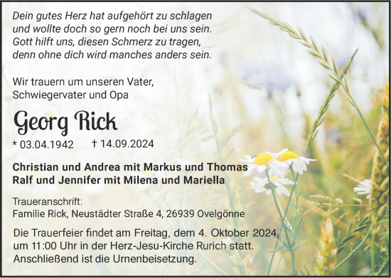 Traueranzeige von Georg Rick von Zeitung am Sonntag