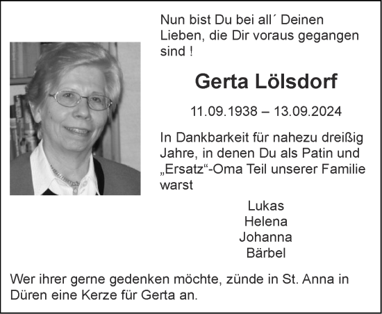 Traueranzeige von Gerta Lölsdorf von Zeitung am Sonntag