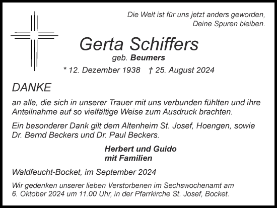 Traueranzeige von Gerta Schiffers von Zeitung am Sonntag