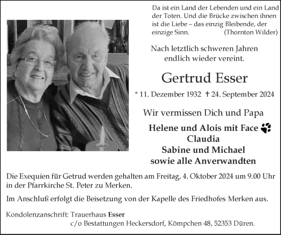 Traueranzeige von Gertrud Esser von Zeitung am Sonntag