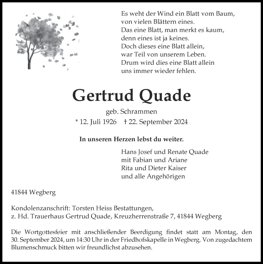 Traueranzeige für Gertrud Quade vom 29.09.2024 aus Zeitung am Sonntag