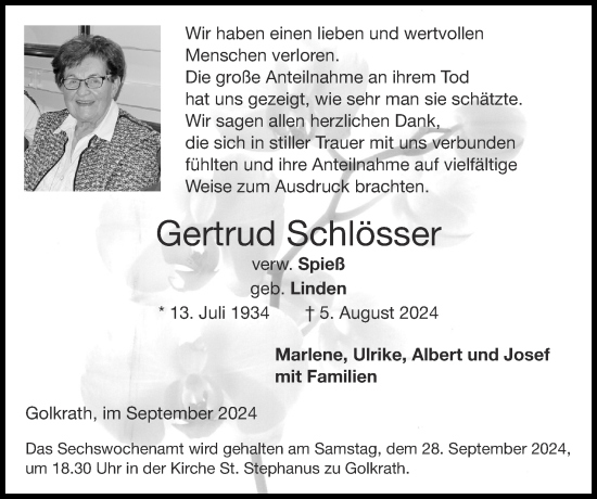 Traueranzeige von Gertrud Schlösser von Zeitung am Sonntag