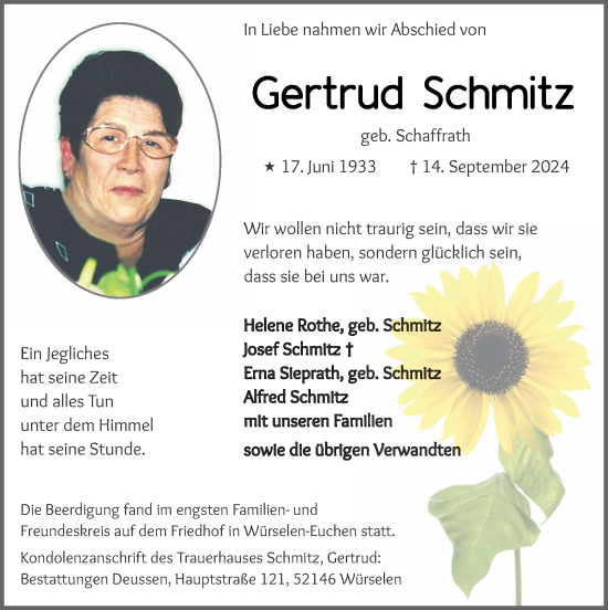 Traueranzeige von Gertrud Schmitz von Zeitung am Sonntag