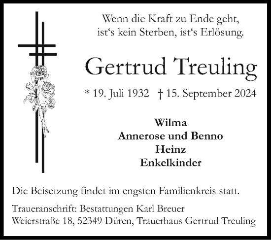 Traueranzeige von Gertrud Treuling von Zeitung am Sonntag