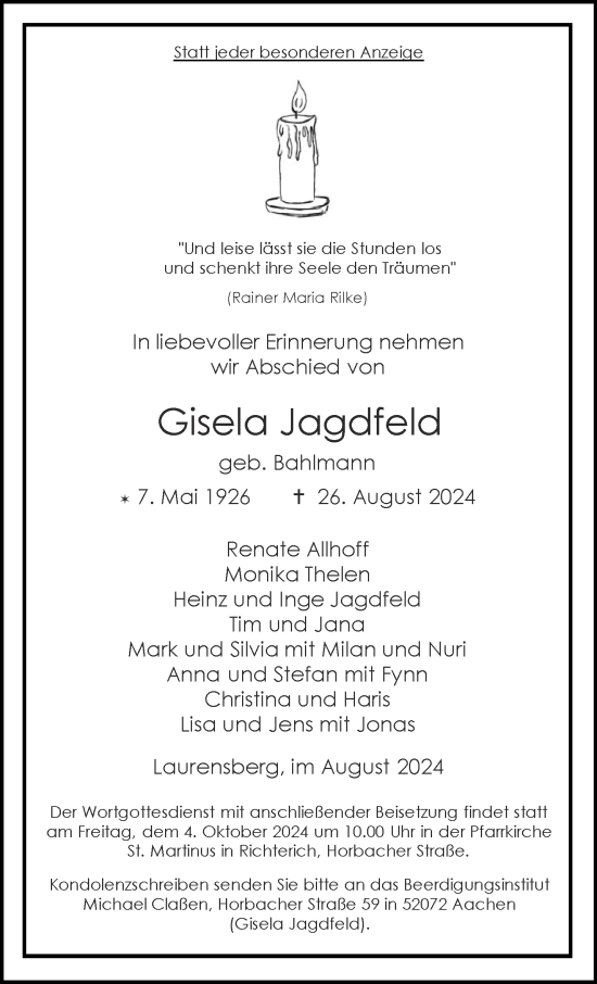 Traueranzeige von Gisela Jagdfeld von Aachener Zeitung