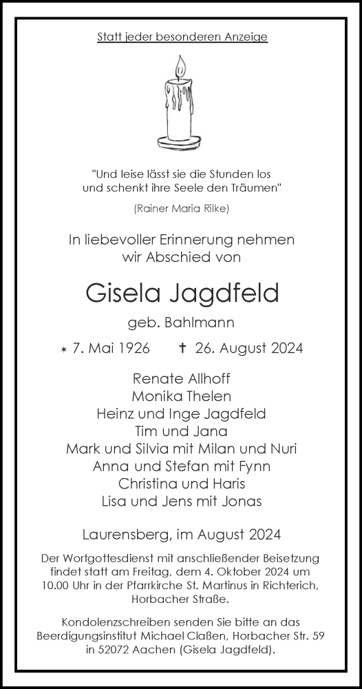 Traueranzeige von Gisela Jagdfeld von Zeitung am Sonntag
