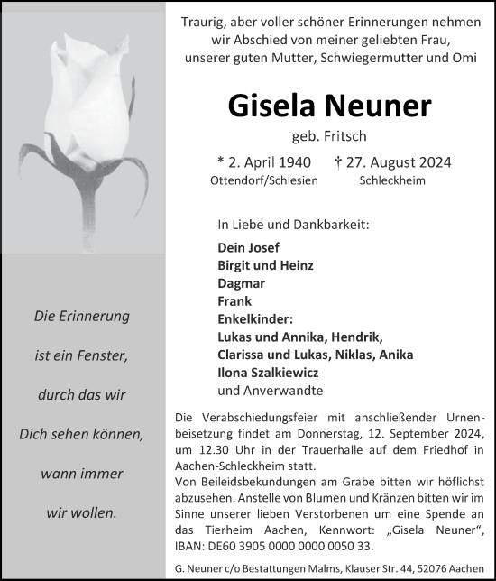 Traueranzeige von Gisela Neuner von Zeitung am Sonntag