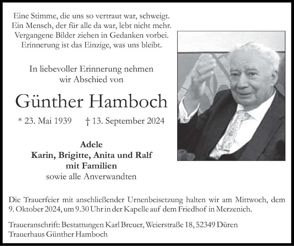  Traueranzeige für Günther Hamboch vom 29.09.2024 aus Zeitung am Sonntag