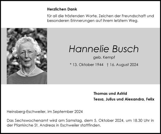 Traueranzeige von Hannelie Busch von Zeitung am Sonntag