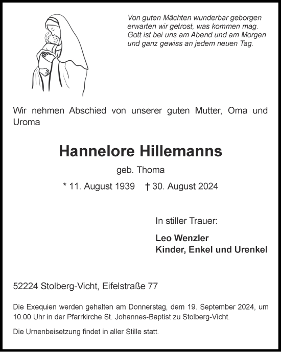 Traueranzeige von Hannelore Hillemanns von Zeitung am Sonntag