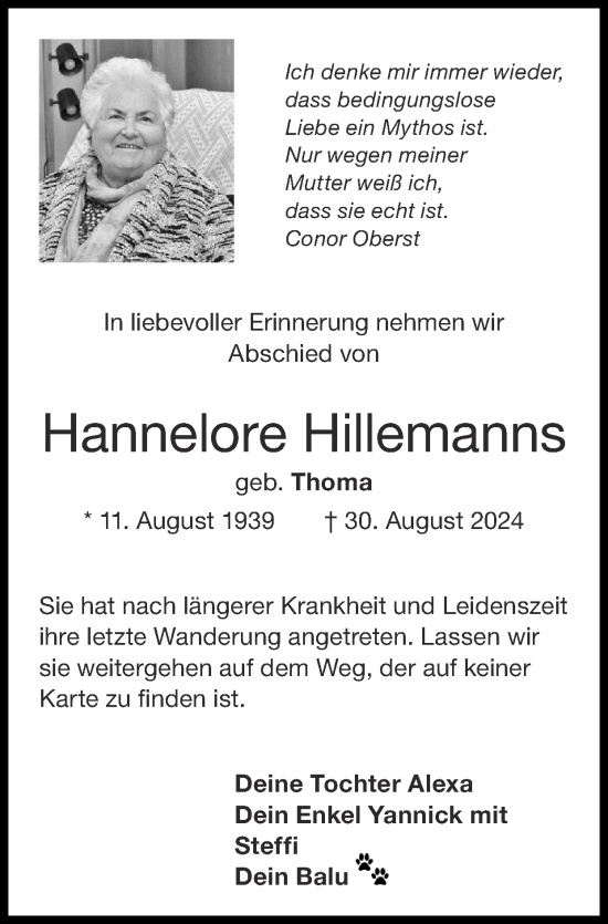 Traueranzeige von Hannelore Hillemanns von Zeitung am Sonntag