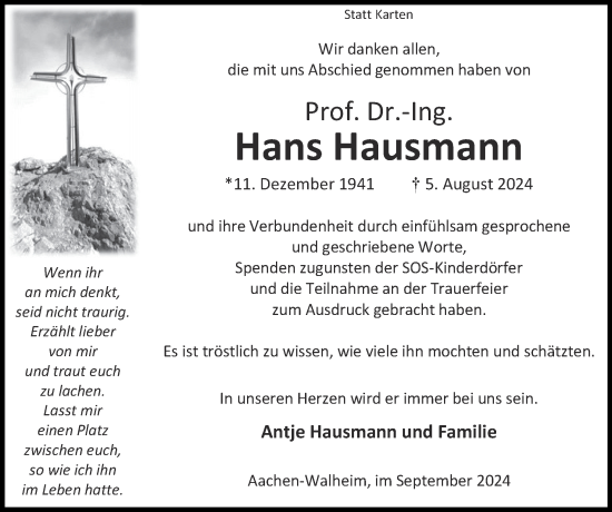 Traueranzeige von Hans Hausmann von Zeitung am Sonntag