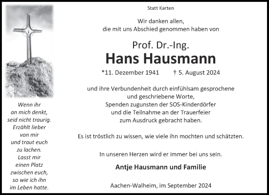 Traueranzeige von Hans Hausmann von Aachener Zeitung
