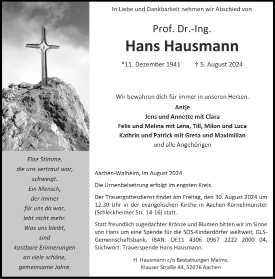 Traueranzeige von Hans Hausmann von Aachener Zeitung