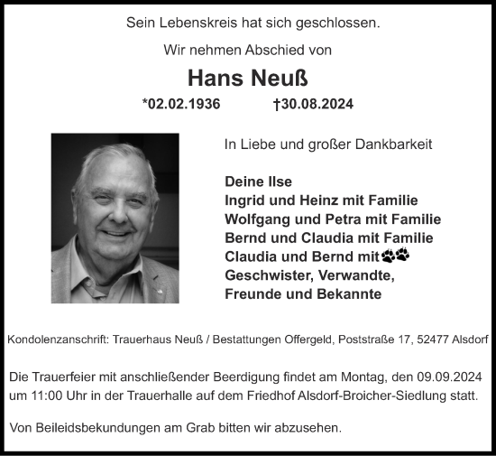 Traueranzeige von Hans Neuß von Zeitung am Sonntag