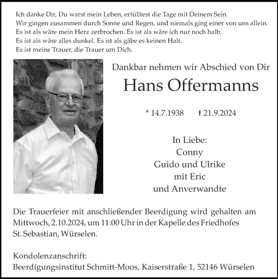 Traueranzeige von Hans Offermanns von Zeitung am Sonntag