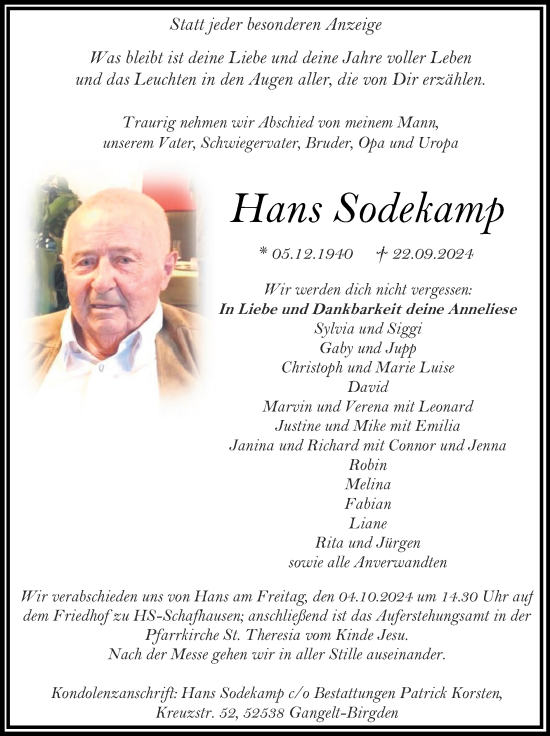 Traueranzeige von Hans Sodekamp von Zeitung am Sonntag
