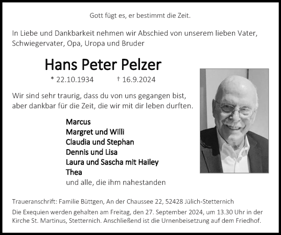 Traueranzeige von Hans Peter Pelzer von Zeitung am Sonntag