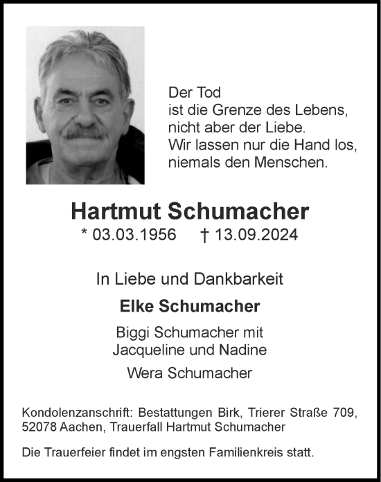 Traueranzeige von Hartmut Schumacher von Zeitung am Sonntag