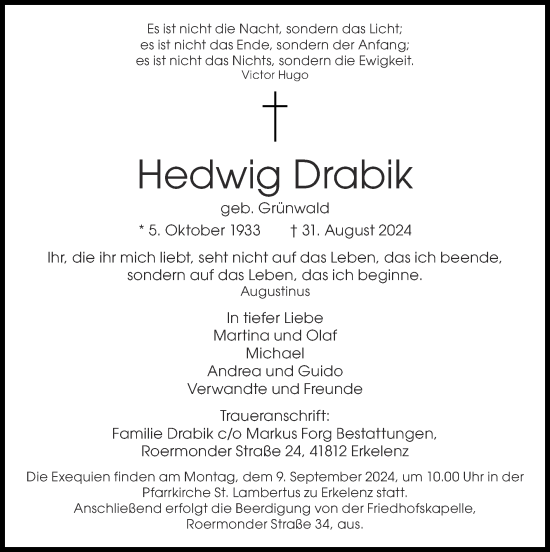 Traueranzeige von Hedwig Drabik von Zeitung am Sonntag