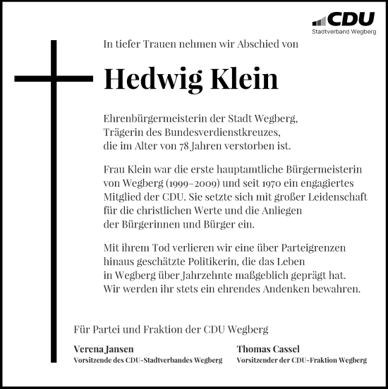 Traueranzeige von Hedwig Klein von Zeitung am Sonntag