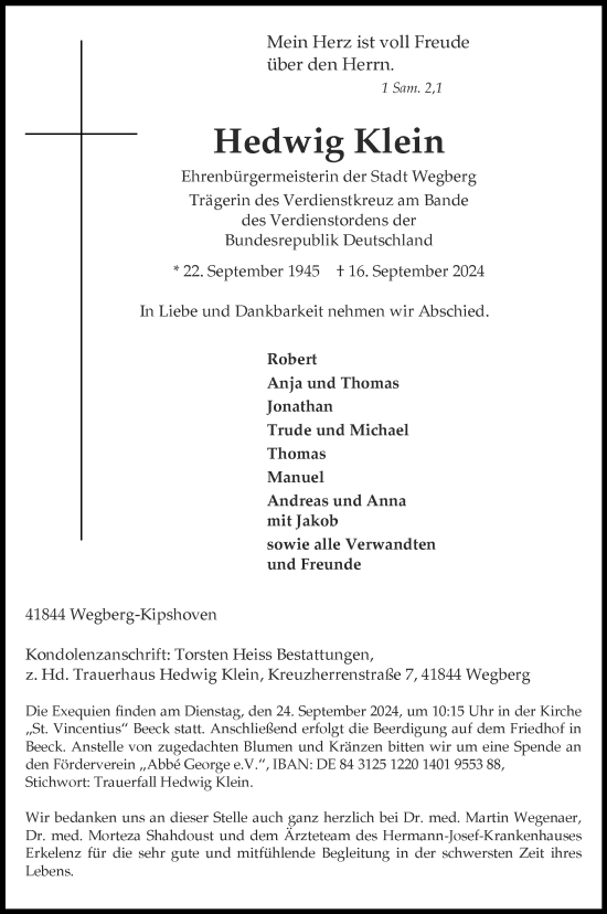 Traueranzeige von Hedwig Klein von Zeitung am Sonntag
