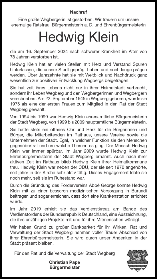 Traueranzeige von Hedwig Klein von Zeitung am Sonntag