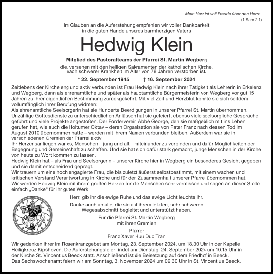 Traueranzeige von Hedwig Klein von Zeitung am Sonntag