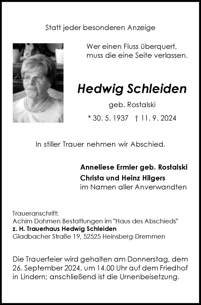  Traueranzeige für Hedwig Schleiden vom 22.09.2024 aus Zeitung am Sonntag
