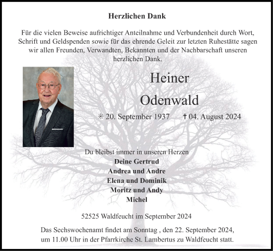 Traueranzeige von Heiner Odenwald von Zeitung am Sonntag