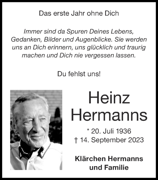 Traueranzeige von Heinz Hermanns von Zeitung am Sonntag