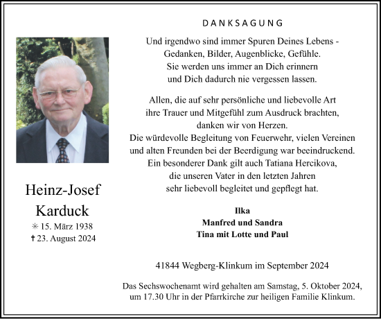 Traueranzeige von Heinz-Josef Karduck von Zeitung am Sonntag
