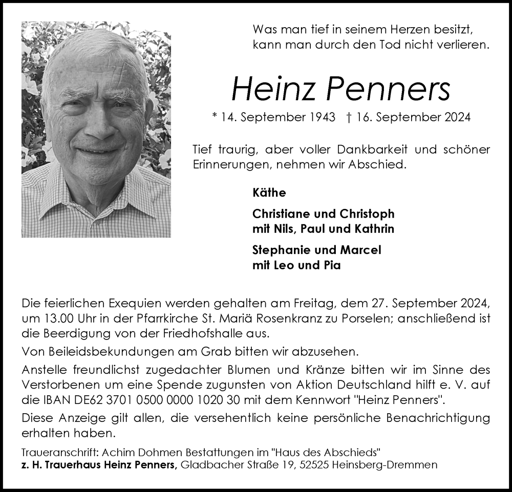  Traueranzeige für Heinz Penners vom 22.09.2024 aus Zeitung am Sonntag