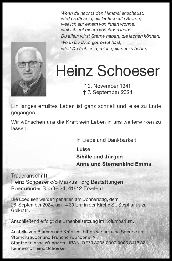 Traueranzeige von Heinz Schoeser von Zeitung am Sonntag