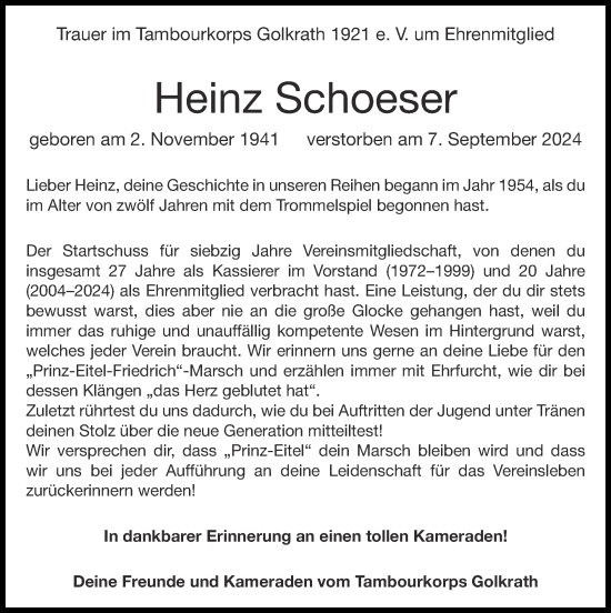 Traueranzeige von Heinz Schoeser von Zeitung am Sonntag