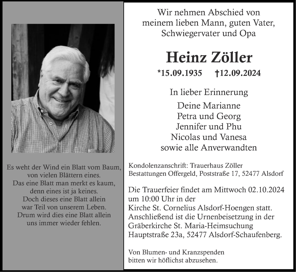  Traueranzeige für Heinz Zöller vom 29.09.2024 aus Zeitung am Sonntag