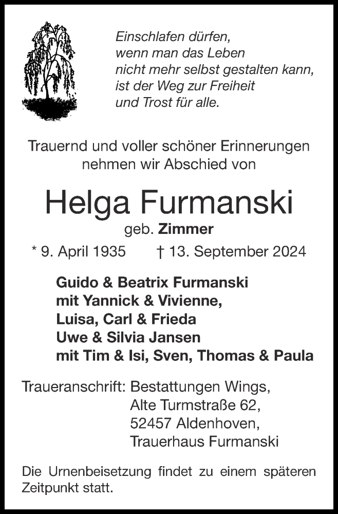  Traueranzeige für Helga Furmanski vom 29.09.2024 aus Zeitung am Sonntag