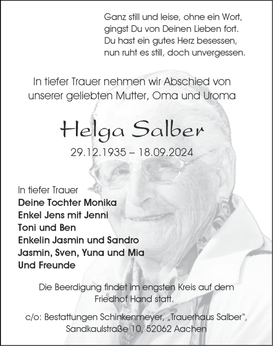 Traueranzeige von Helga Salber von Zeitung am Sonntag
