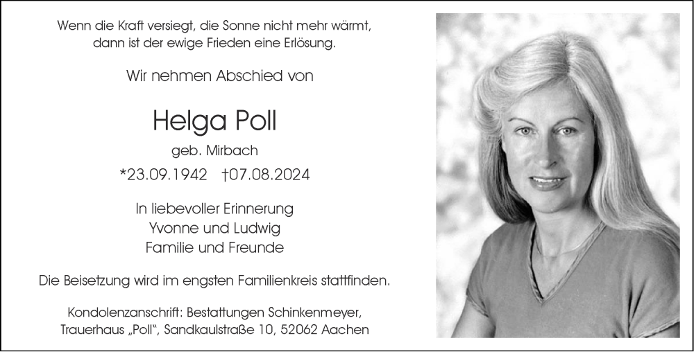  Traueranzeige für Helga Poll Poll vom 17.08.2024 aus Aachener Zeitung