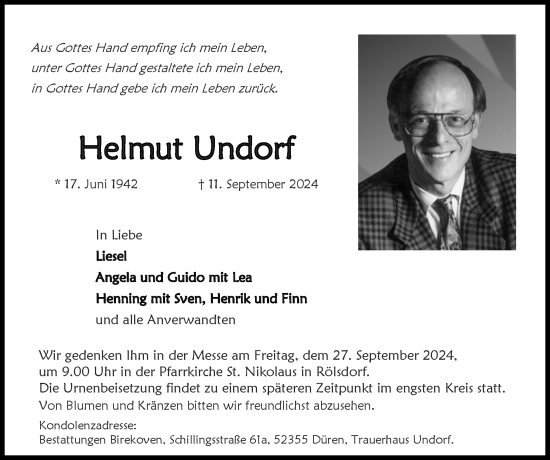 Traueranzeige von Helmut Undorf von Zeitung am Sonntag
