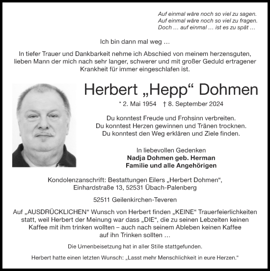Traueranzeige von Herbert  Dohmen von Zeitung am Sonntag