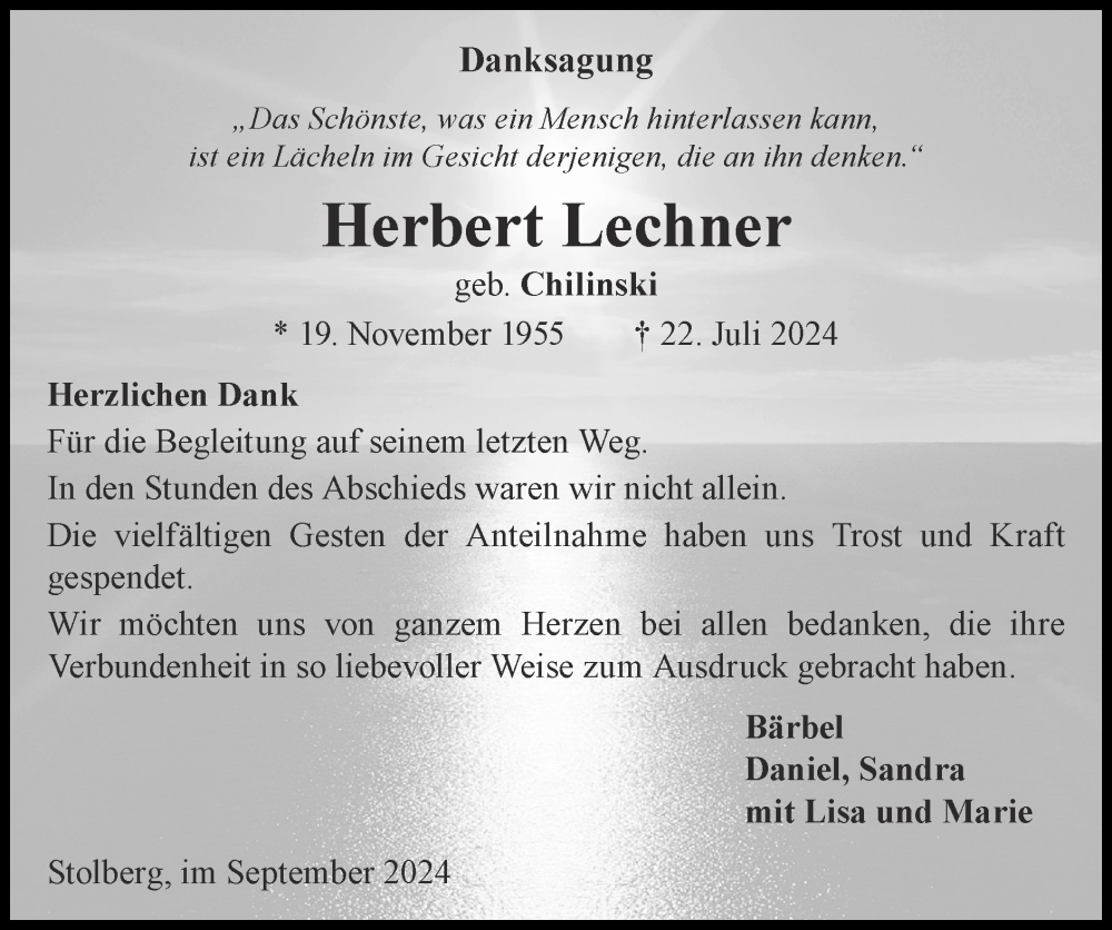  Traueranzeige für Herbert Lechner vom 08.09.2024 aus Zeitung am Sonntag