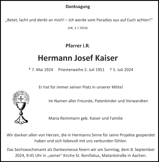 Traueranzeige von Hermann Josef Kaiser von Aachener Zeitung