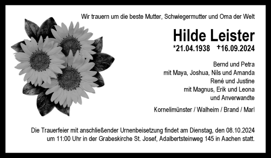 Traueranzeige von Hilde Leister von Zeitung am Sonntag