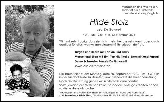 Traueranzeige von Hilde Stolz von Zeitung am Sonntag