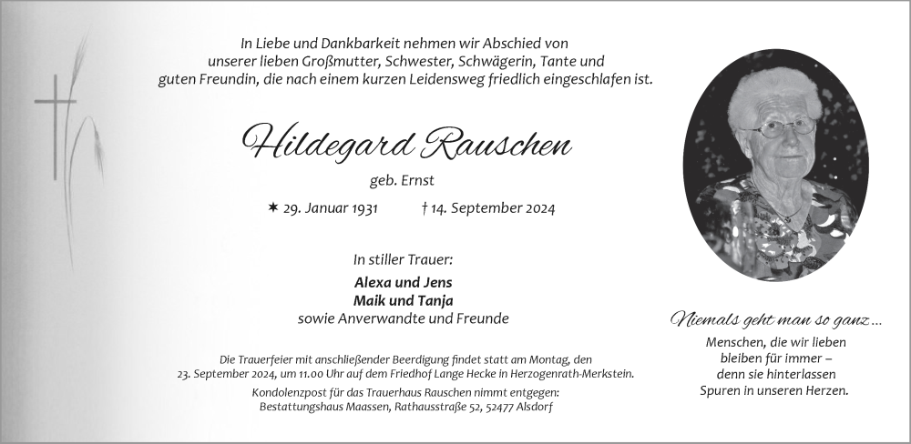  Traueranzeige für Hildegard Rauschen vom 19.09.2024 aus Aachener Zeitung