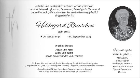 Traueranzeige von Hildegard Rauschen von Zeitung am Sonntag
