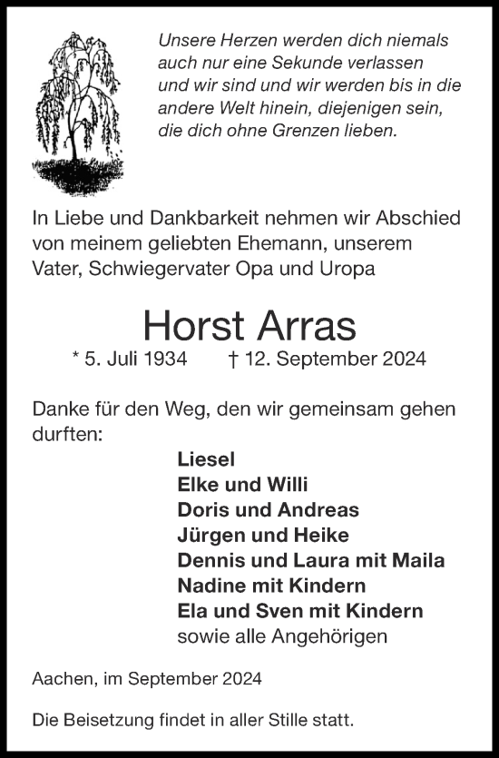 Traueranzeige von Horst Arras von Zeitung am Sonntag