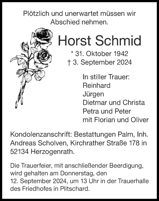 Traueranzeige von Horst Schmid von Zeitung am Sonntag