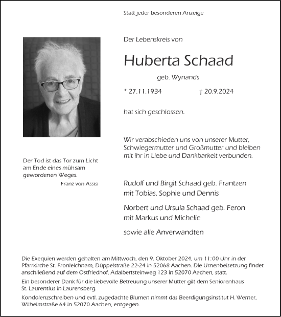 Traueranzeige von Huberts Schaad von Aachener Zeitung